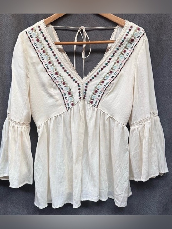 Magnolia Boutique Tops - Boho Embroidered V-Neck Peasant Blouse - Cream